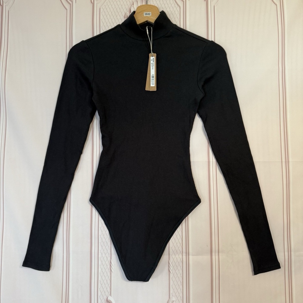 Skims Cotton Rib Turtleneck Bodysuit In Soot Black Size Small NWT